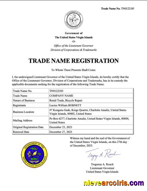 Virgin Island trade name registration certificate